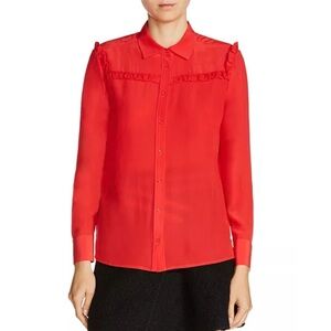 Maje Callie Silk Ruffle Long Sleeve Collared Button Blouse Top Red Size 1 Small